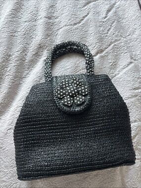 Vintage Black Woven Tote Bag with Polka Dot Flower Accent